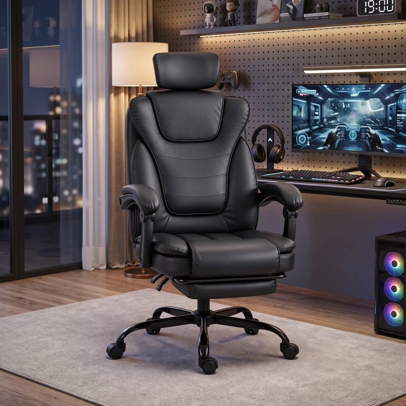 HOMCOM Scaun Gaming Ergonomic, Fotoliu Gaming Înclinabil din Piele Sintetică, Înălțime Reglabilă, Suport Cap 2D, Negru