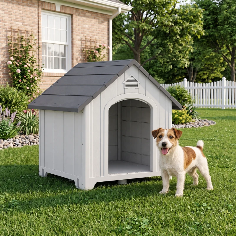 PawHut Niche pour chien extérieur, maison chien en polypropylène imperméable ventilé plancher surélevé 66x55x65cm gris clair