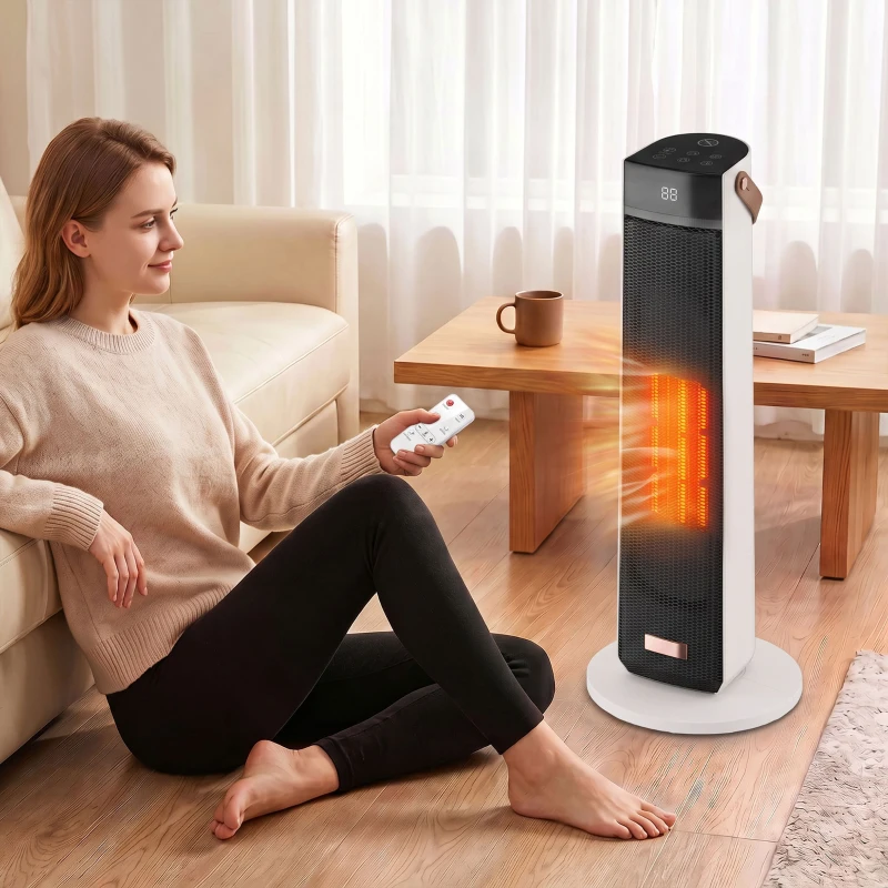HOMCOM Portable Space Heater with Realistic Flame Effect, 2000W Ceramic Heater with Eco Mode, Adjustable Thermostat, Remote