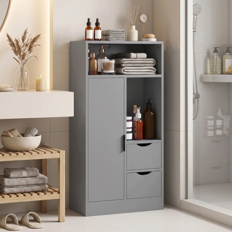 HOMCOM Mueble de baño, mueble de almacenamiento estrecho con 2 cajones, compartimentos abiertos, 50x25x100 cm, gris