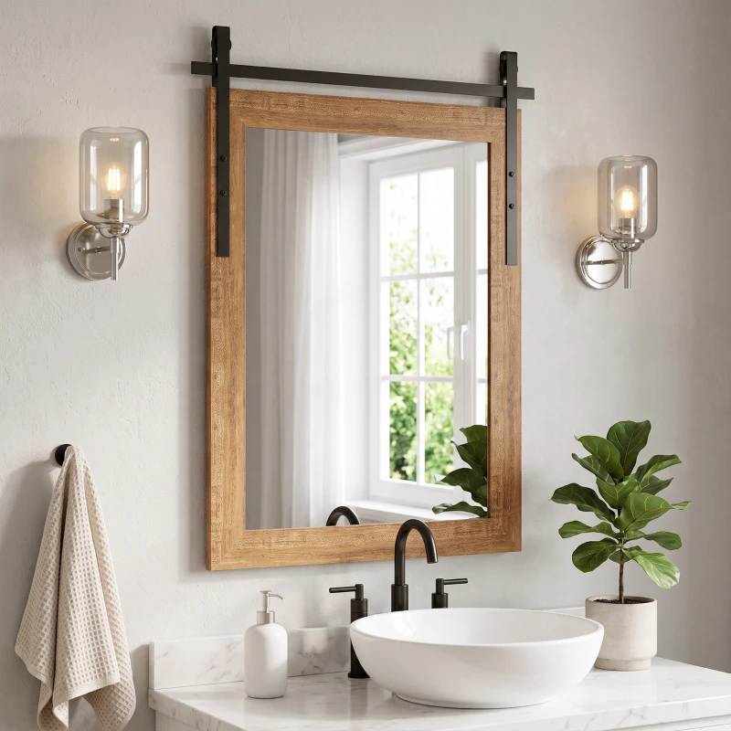 HOMCOM Espelho de Parede Retangular decorativo para Sala Espelho de Pendurar 86,5 x 61 cm Marrom Claro