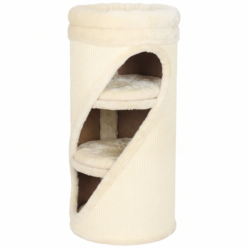 PawHut Arranhador 75 cm de Altura Ø35 cm Torre Arranhadora 4 Níveis com 3 Cavernas Cama de Pelúcia Removível e Lavável Superfície de Sisal