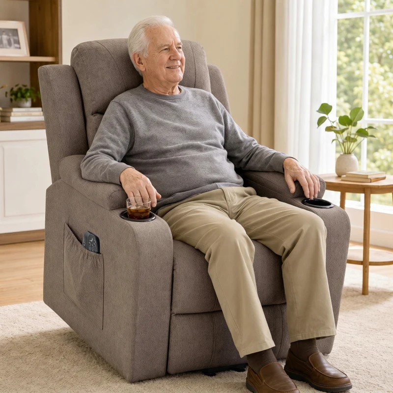 HOMCOM Riser Recliner Chair with Massage and Heat, Linen Electric Lift Armchair for Elderly with Spring Cushion, Brown