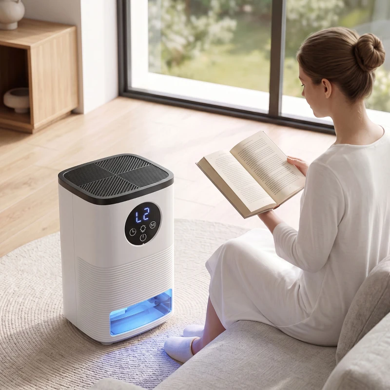 HOMCOM 300mL/Day Small Dehumidifier, RGB Mood Lights, Continuous Drainage, 24H Timer, LED Display, Dehumidifier for Home Damp