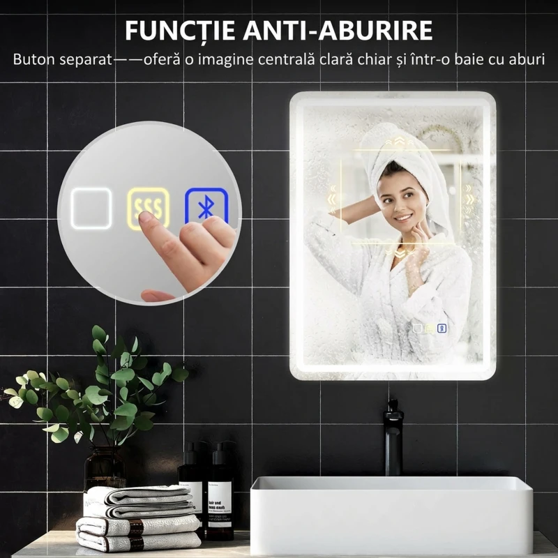 HOMCOM Oglindă de baie LED cu Bluetooth, iluminare reglabilă și funcție de memorie, din sticlă securizată, 70x50x3,5 cm