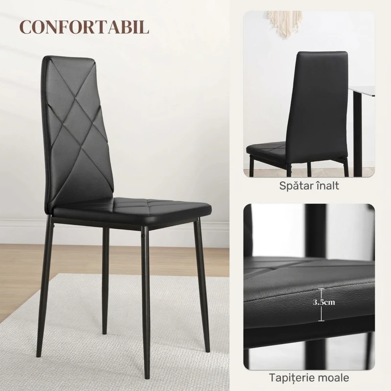 HOMCOM Set de 2 Scaune de Sufragerie Moderne cu Spătar Înalt din Piele Ecologică și Oțel, 41x50x97 cm, Negru