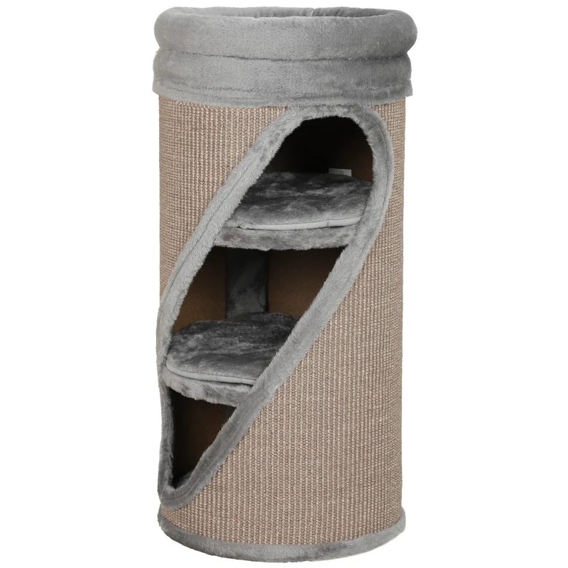 PawHut Arranhador 75 cm de Altura Ø35 cm 4 Níveis com 3 Ninhos Cama de Pelúcia Removível e Lavável Superfície de Sisal