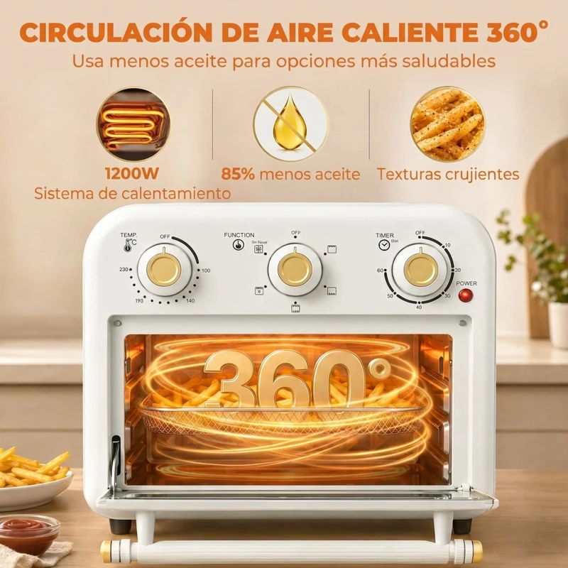 HOMCOM Horno Freidora de Aire 12 L con 3 Mandos Convección 360° Temperatura hasta 230 °C Temporizador 60 Min Bandeja y Cesta