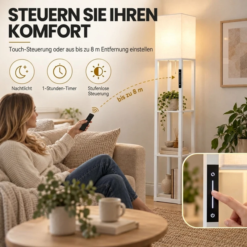 HOMCOM Vloerlamp met planken, moderne dimbare staande lamp met stoffen kap, instelbare kleurtemperatuur, wit