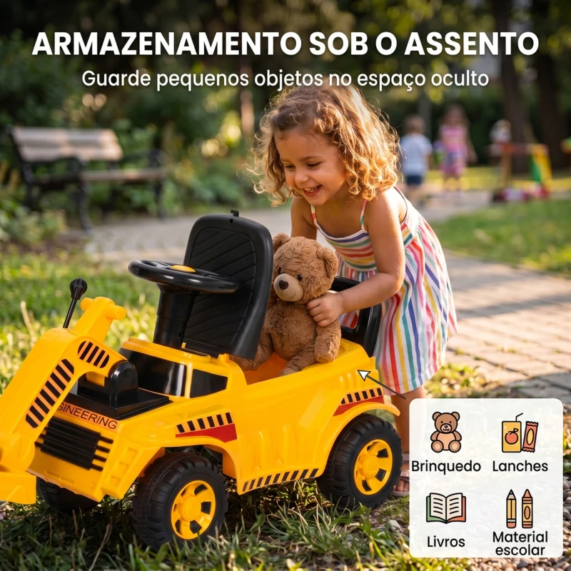 AIYAPLAY Trator Sem Pedais com Rolo Dianteiro Elevável Buzina e Arrumação Amarelo