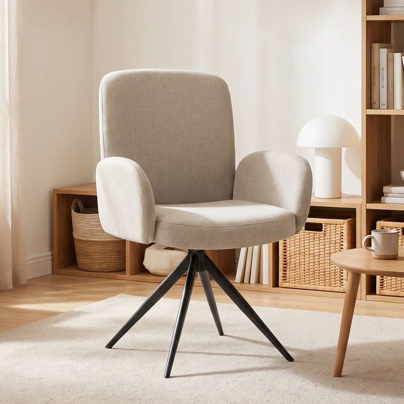 HOMCOM Swivel Accent Chair, Upholstered Linen-Look Armchair with Curved Backrest, Wrapped Armrests for Living Room, Light Brown