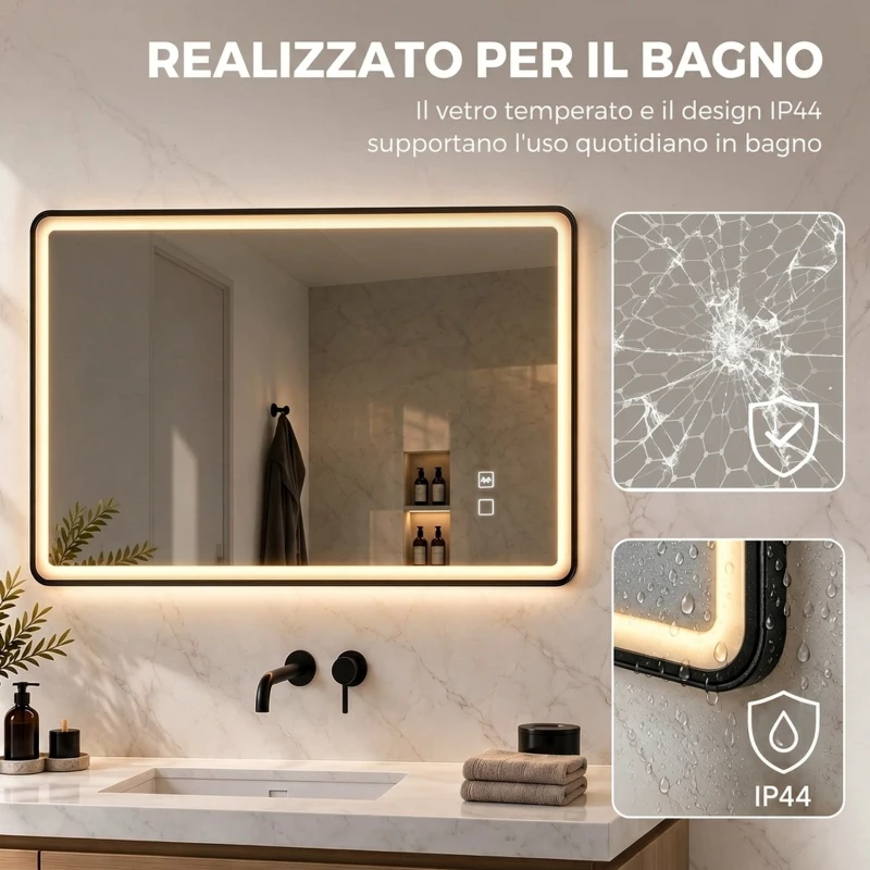 HOMCOM Specchio da Bagno LED Bluetooth Antiappannamento 100x70 cm Nero