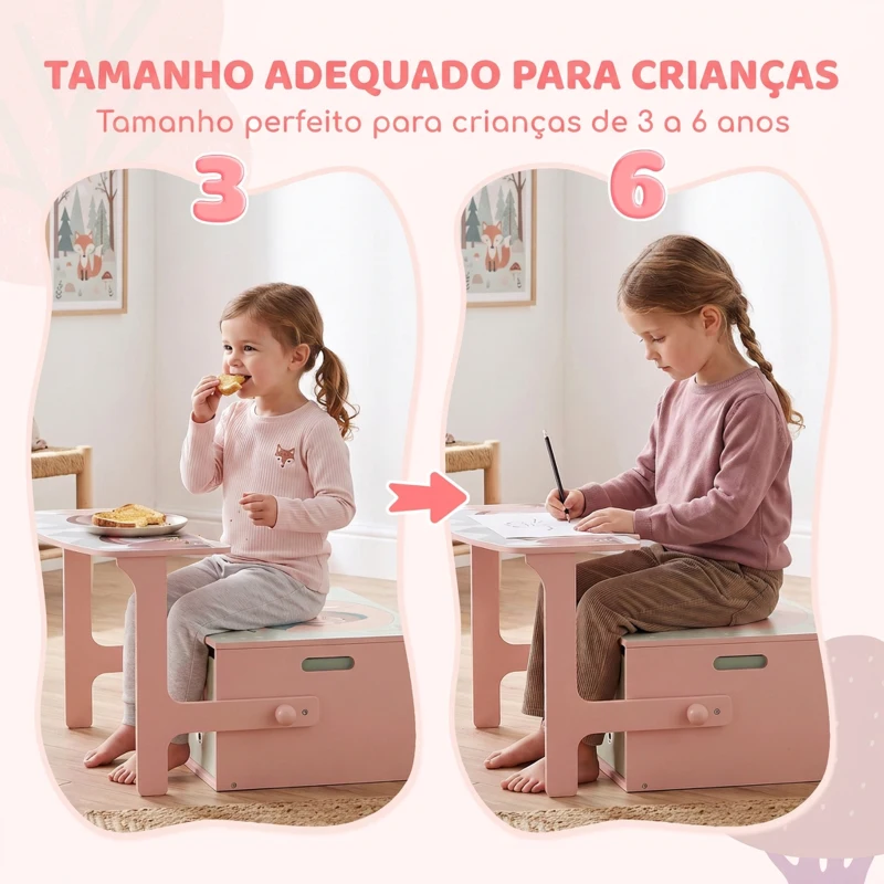 AIYAPLAY 3 em 1 Banco Porta-Brinquedos para Crianças, Convertível em Mesa e Cadeira com 2 Caixas, Estampa Raposinha, Rosa