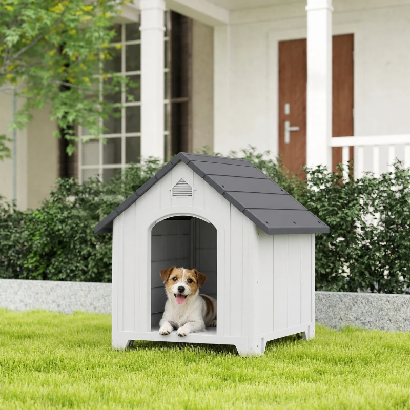 PawHut Casota para Cão Exterior Casota para Cão em Polipropileno Impermeável Ventilada Pavimento Elevado 66x55x65 cm Cinza Claro