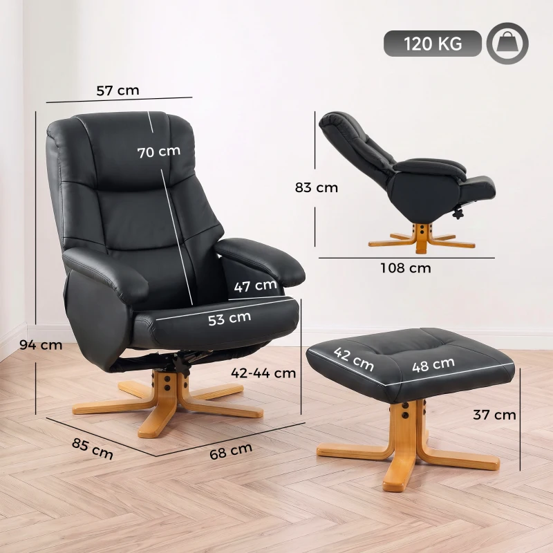 HOMCOM Sillón Relax con Reposapiés, Sillón de Relax Reclinable en PU, Giratorio 360°, Función Balanceo, Negro