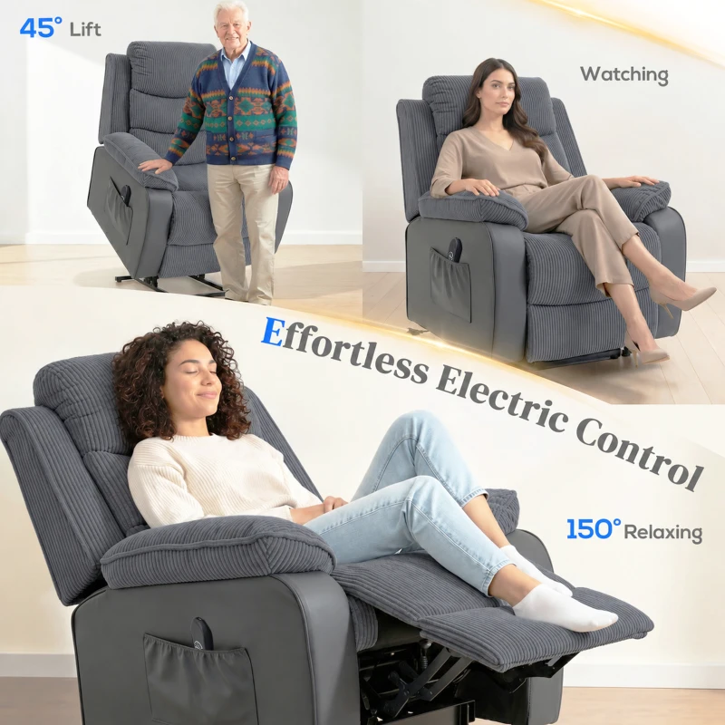 HOMCOM Riser Recliner Chair for Elderly, Electric Power Lift Recliner Armchair, Corduroy PU Leather Patchwork, Brown
