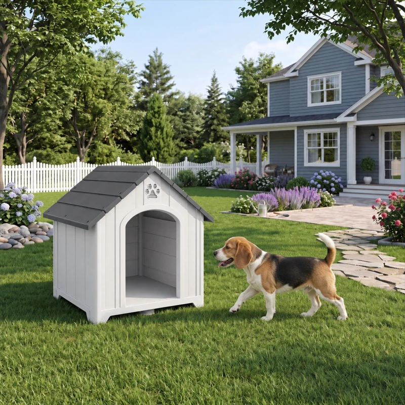 PawHut Niche pour chien extérieur, maison chien en polypropylène imperméable ventilé plancher surélevé 76x66x77cm gris clair