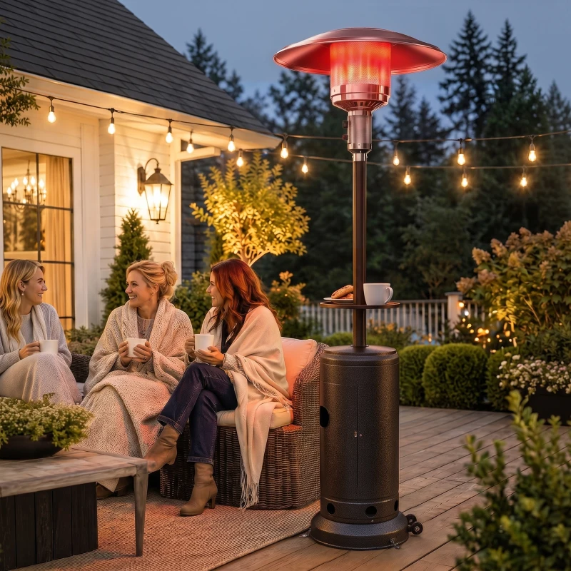 Outsunny Gas Patio Heater with Table Tray, 13 kW Portable Propane Outdoor Heater with Piezo Ignition, Tip-over Protection, Brown