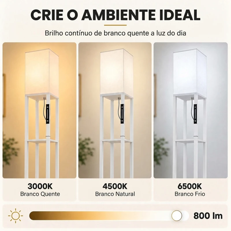 HOMCOM Candeeiro de Pé com 3 Prateleiras, LED Regulável, Controlo Tátil e Remoto, Abajur em Tecido, Lâmpada Incluída, Branco