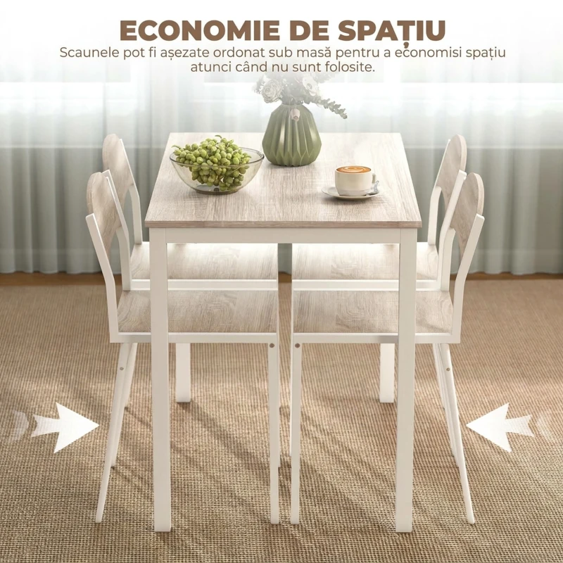 HOMCOM Set Masă de Prânz din 5 Piese cu 1 Masă Dreptunghiulară și 4 Scaune, 100x63x76,5 cm, Gri și Alb