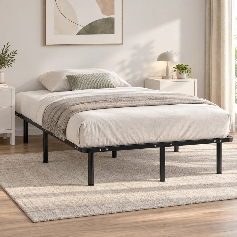 HOMCOM Cama de Casal Industrial a 28 Ripas com Espaço de Armazenamento em Madeira e Aço 120x190x31 cm Preto e Madeira