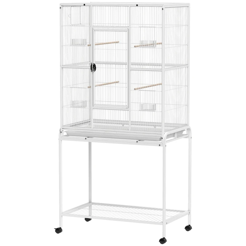 PawHut Tragbarer Vogelkäfig mit 4 Futternäpfen und 4 Sitzstangen Praktisch 81 x 48 x 162,5 cm Weiß