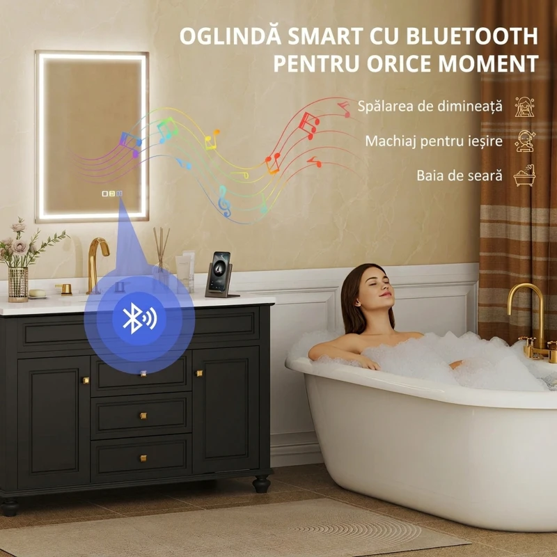 HOMCOM Oglindă de baie anti-aburire cu lumină LED reglabilă, difuzor Bluetooth, butoane tactile, 50x70 cm