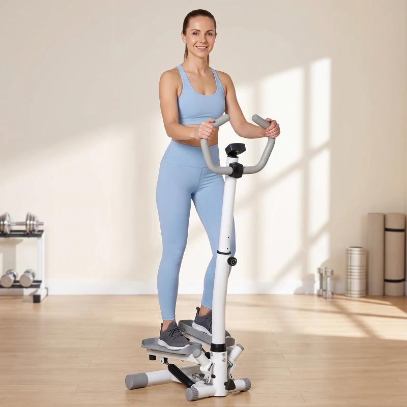 HOMCOM Stepper cu Monitor LCD, Maner Reglabil și Elastice, din Oțel și ABS, Alb și Gri