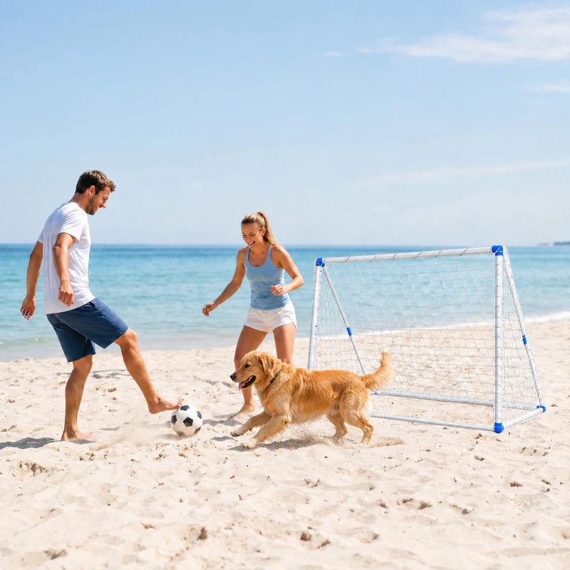 SPORTNOW Portería de Fútbol Plegable con Bomba, Piquetas y Balón 183 x 96 x 130 cm, Blanca