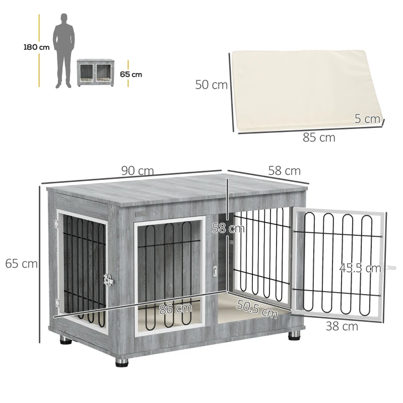 PawHut Dog Crate Furniture End Table, with Washable Cushion, Double Doors, for Medium/Large Dogs, Grey