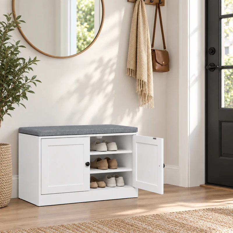 HOMCOM Banco Zapatero con Cojín Acolchado, 80x35.5x52.5 cm, Blanco