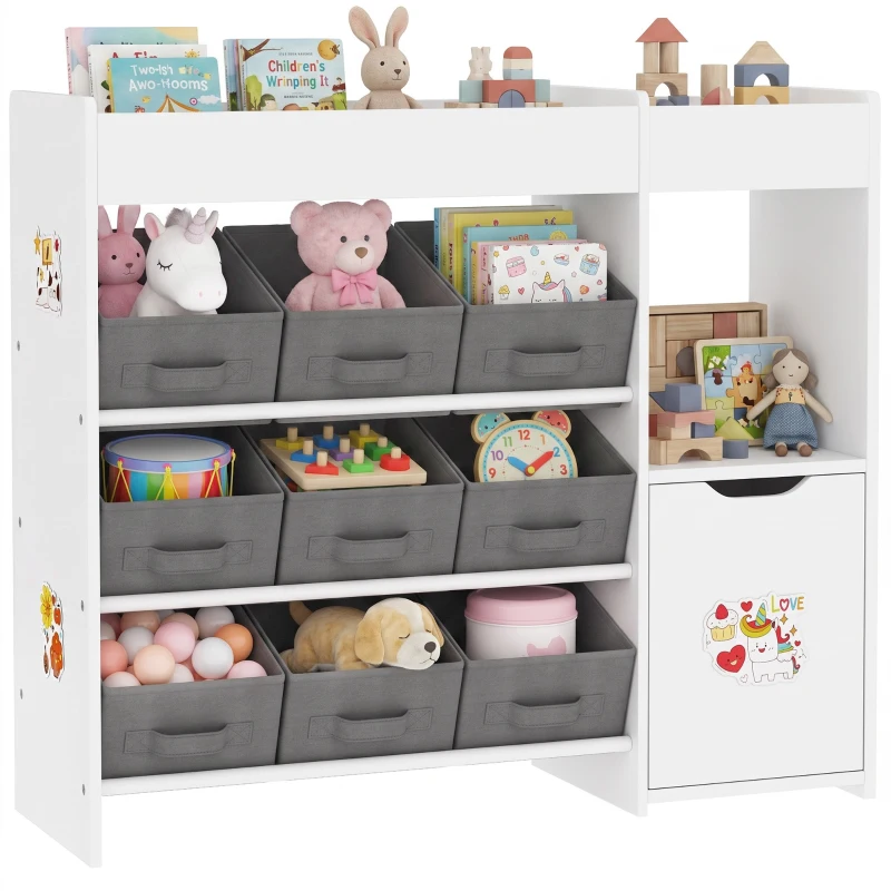 AIYAPLAY Spielzeugregal für Kinder aus Holz mit 9 herausnehmbaren Behältern und Schrank, 92x30x80 cm, Weiß
