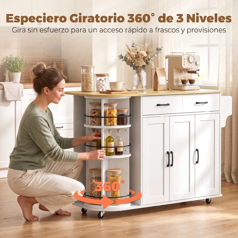 HOMCOM Isla de Cocina con 5 Ruedas Encimera Extensible 3 Estantes Giratorios 360° 2 Cajones 3 Puertas Toallero Blanco