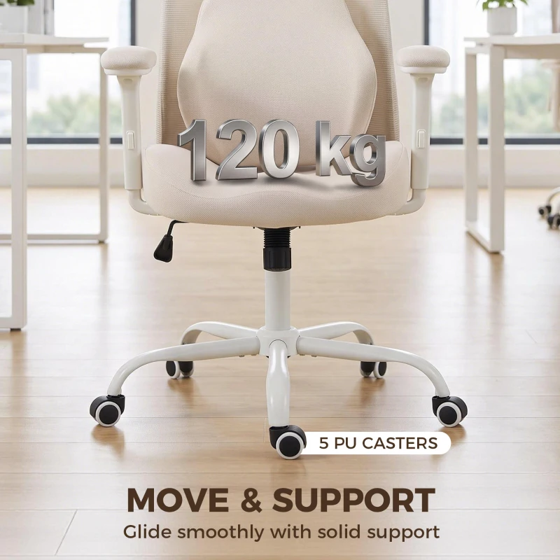 HOMCOM Chaise Bureau Ergonomique, Fauteuil Bureau en Maille, Soutien Lombaire à Mémoire de Forme, Accoudoirs Réglables, Beige