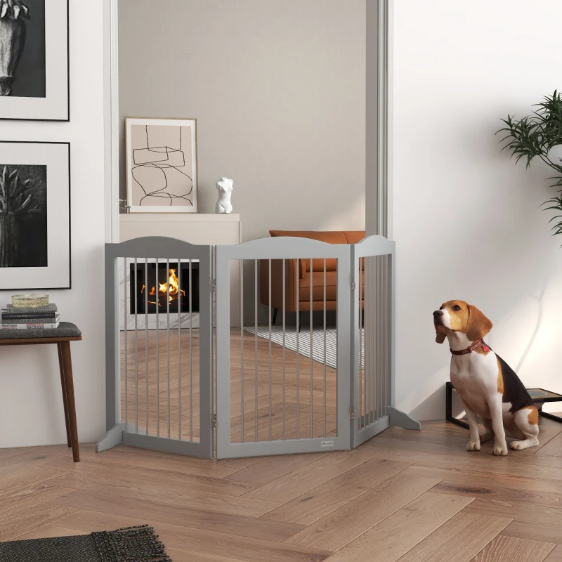 PawHut Barreira de Segurança para Cães Barreira de Segurança para Escadas e Portas Dobrável com Suporte de Pé 154x30x80cm Cinzento