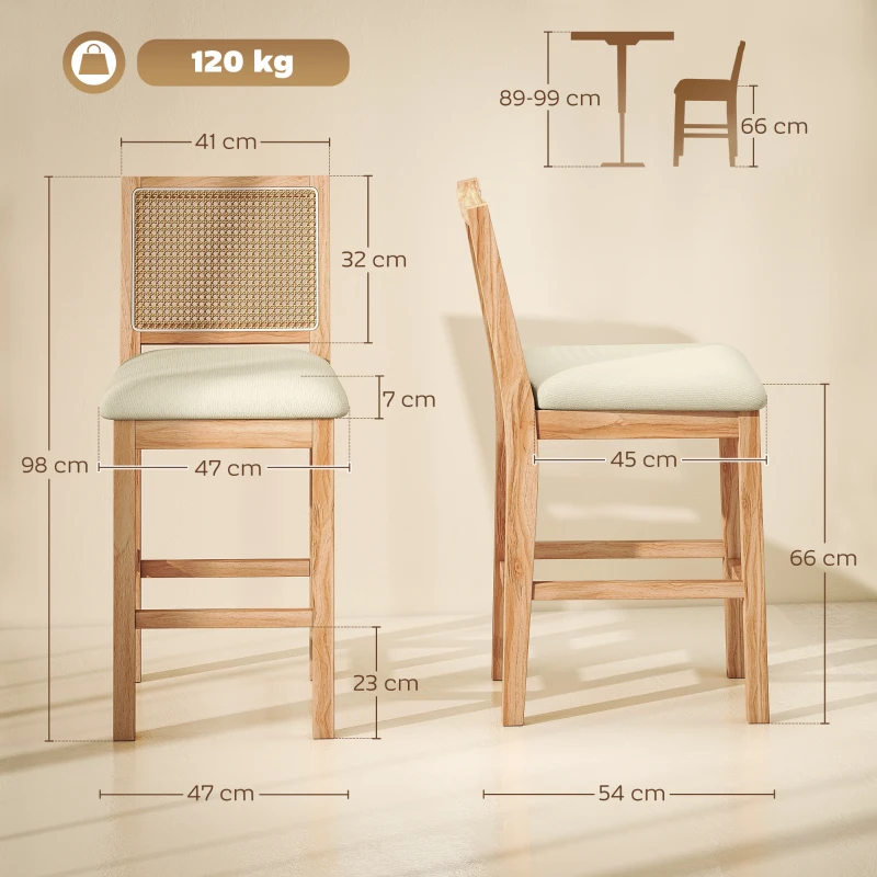 HOMCOM Set de 2 taburete de bar, scaune cu spătar cu efect ratan, șezut tapițat din chenilă de 66H cm, crem