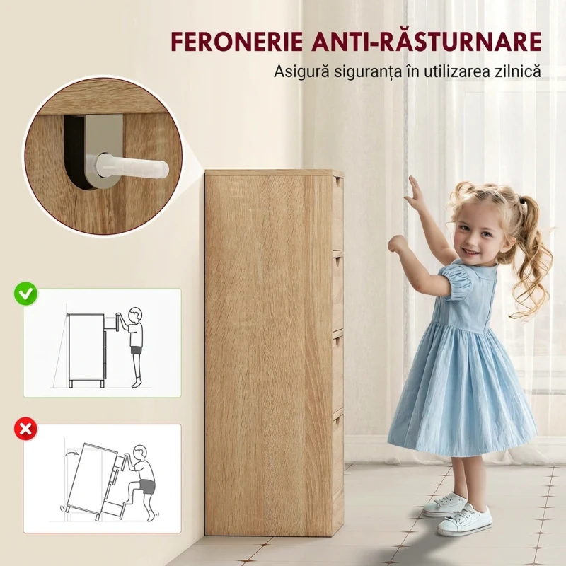 HOMCOM Dulap de Baie Economisitor de Spațiu cu 4 Sertare și Mânere Sculptate Stil Nordico, 29x29x83 cm, Lemn Natural