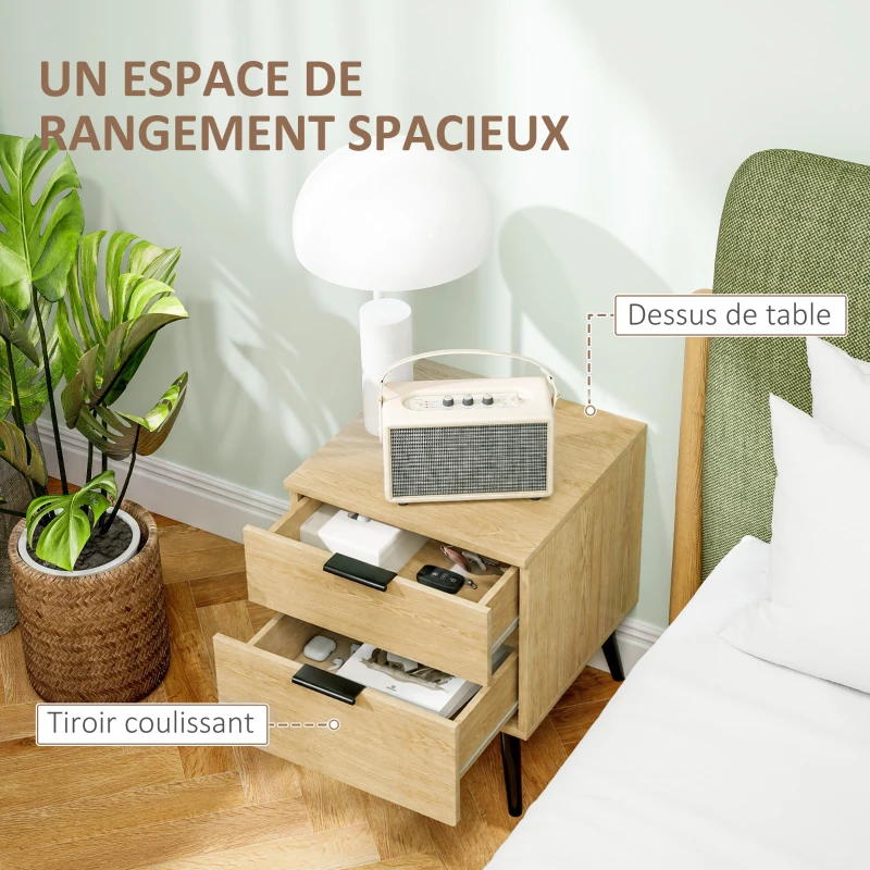 HOMCOM Lot de 2 tables de chevet table de nuit style nordique moderne avec tiroir à deux niveaux 40 x 40 x 50 cm chêne