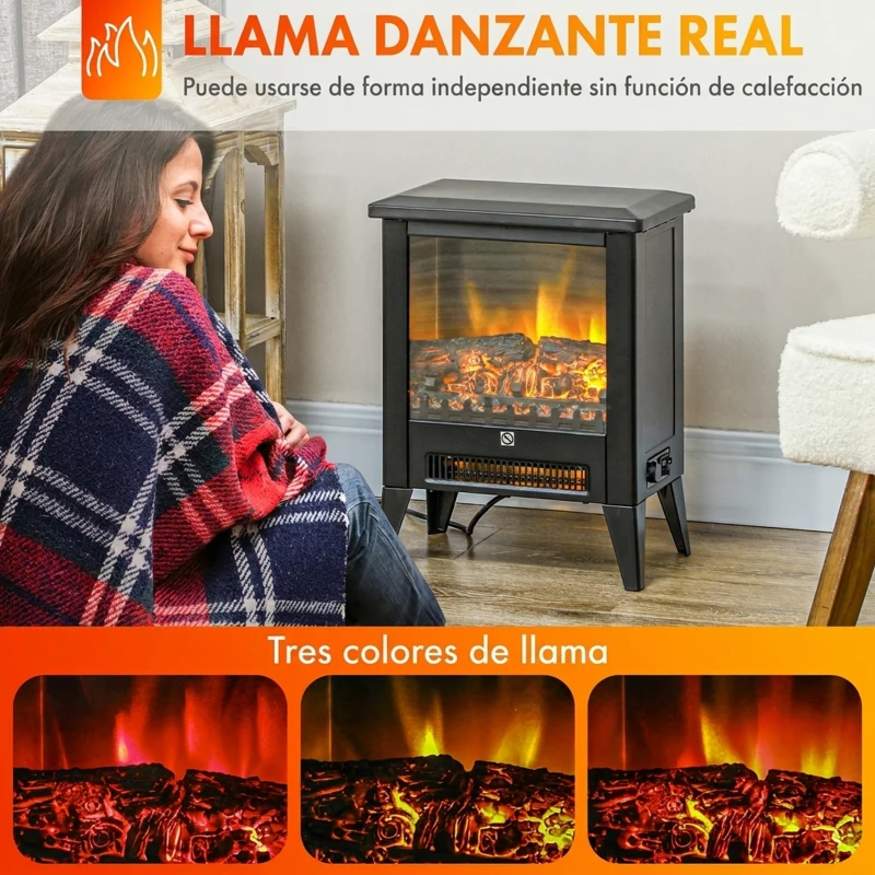 HOMCOM Chimenea Decorativa Independiente 1800W con Efecto de Llama LED Bajo Ruido Protección contra Sobrecalentamiento Negro