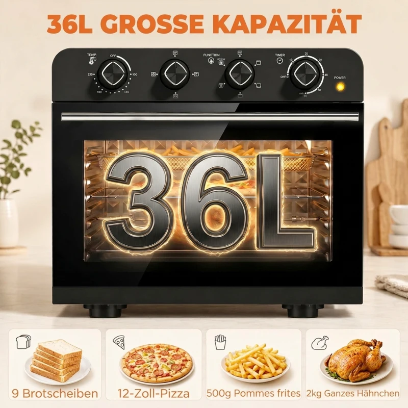 HOMCOM Heißluftfritteusen-Backofen mit Umluft und Drehspieß-Set, Temperaturregler, Timer, 1800 W