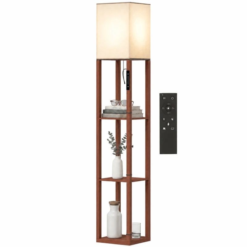 HOMCOM Lámpara de Pie con 3 Estantes Luz LED Regulable Control Táctil y Remoto Pantalla de Tela Bombilla Incluida Marrón