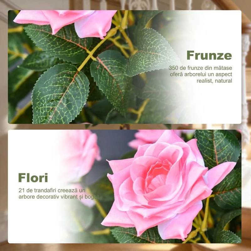 Outsunny Plantă Artificială de Trandafir cu 21 de Flori, cu Ghiveci din Ciment și Mușchi, Ø18x90 cm, Roz