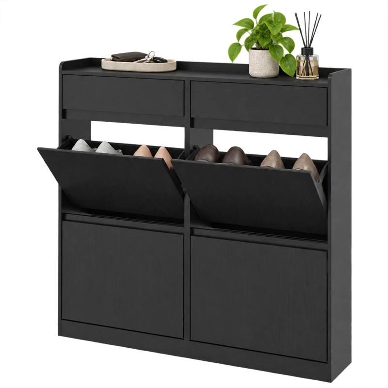 HOMCOM Zapatero Slim en Madera con 4 Cajones Abatibles y 2 Cajones Deslizantes, 98x19.2x95.3 cm, Negro