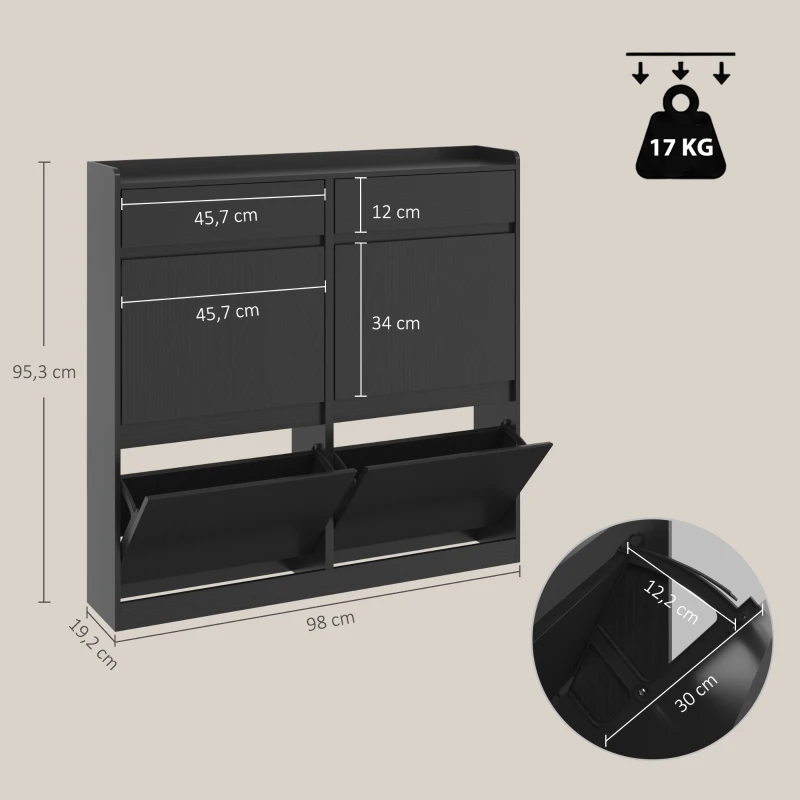 HOMCOM Slim-Schuhschrank aus Holz mit 4 Klappschubladen und 2 Ausziehschubladen, 98x19.2x95.3 cm, Schwarz