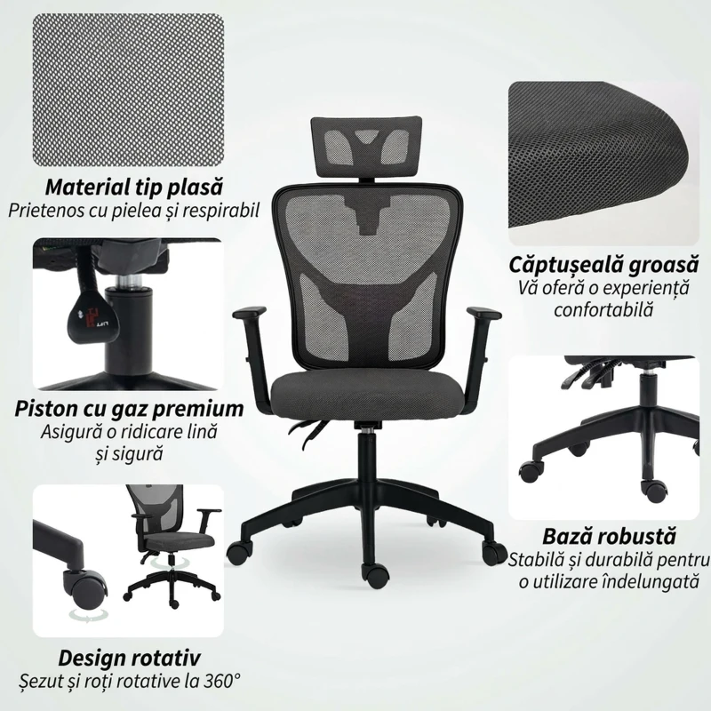 Vinsetto Scaun de birou ergonomic și reglabil cu suport lombar și tetieră, 66x61x106-116 cm, gri