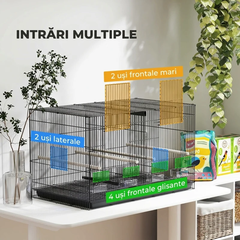 PawHut Colivie pentru Păsări cu Separator și Raft Inferior pentru Depozitare, din Oțel și PP, 94x57x57 cm, Negru