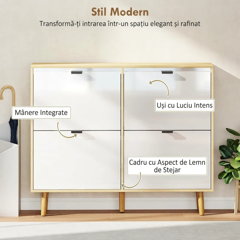 HOMCOM Dulap Slim Modern pentru Pantofi cu 4 Sertare Rabatabile, Capacitate 20 Perechi de Pantofi, 105x24x92.5 cm, Alb