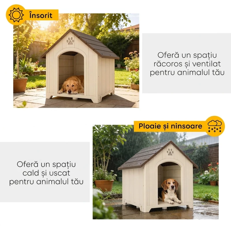 PawHut Căsuță pentru Câini de Exterior, Talie Medie și Mare, Căsuță din Plastic Impermeabilă cu Bază Ridicată, Ferestre și Acoperiș Înclinat pentru Grădină, Balcon, Terasă, 88x78x89 cm, Bej