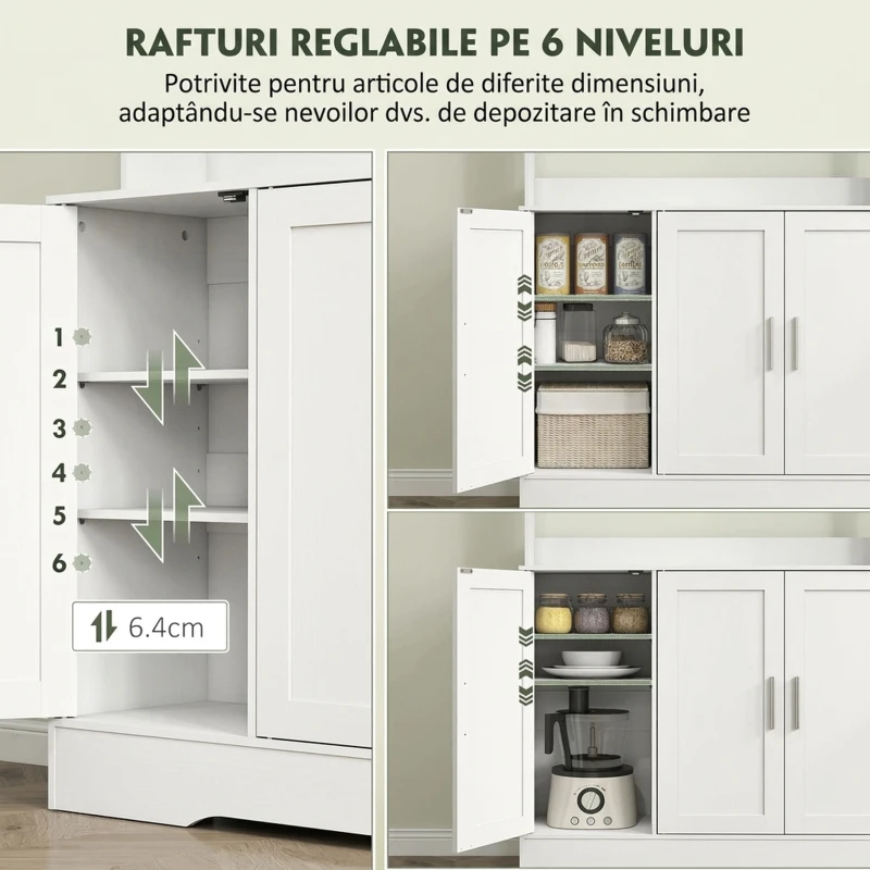HOMCOM Servantă de Bucătărie înaltă de 180 cm, Dulap Dispensa cu 4 Dulapuri, Uși din Sticlă Securizată, 2 Rafturi Deschise, Rafturi Reglabile, Blat pentru Cuptorul cu Microunde, pentru Sala de Prânz sau Living, Alb