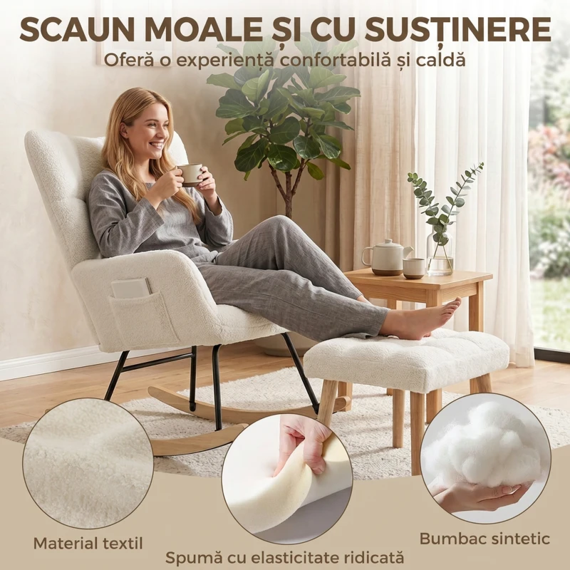 HOMCOM Fotoliu Balansoar din Sherpa cu Taburet, Buzunare Laterale, Șezut Gros, Design Matlasat, Crem